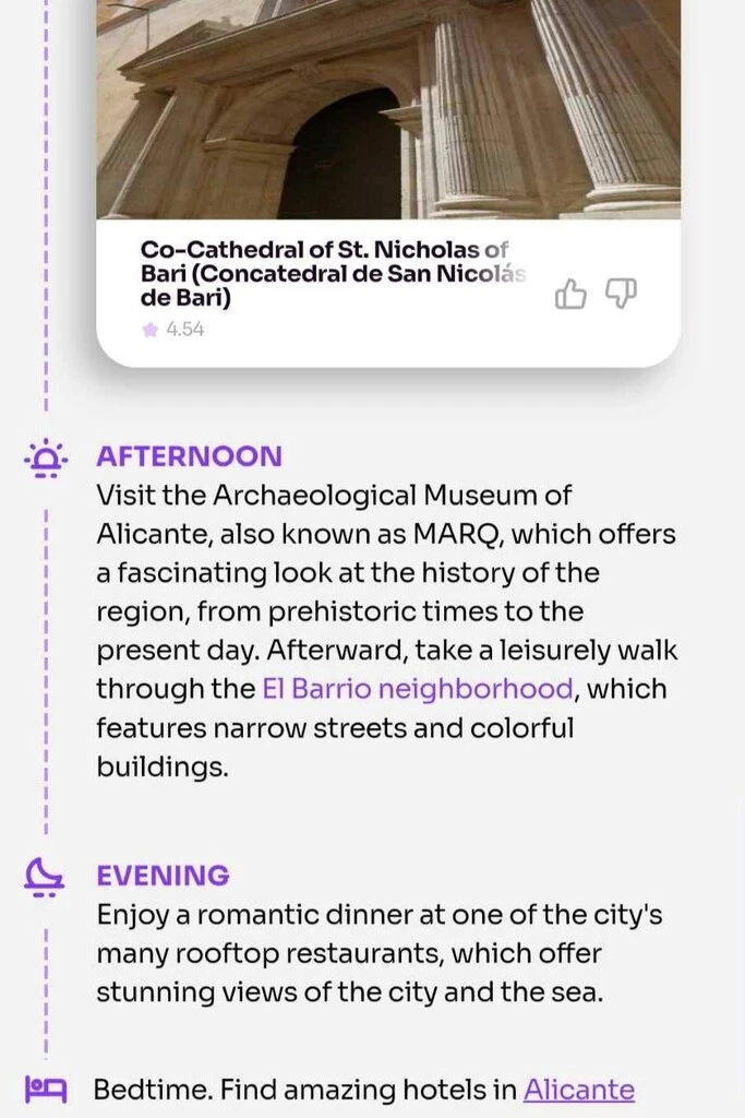 Roamaround itinerary for Day 3 afternoon - evening in Alicante, suggesting a visit to El Barrio followed by dinner