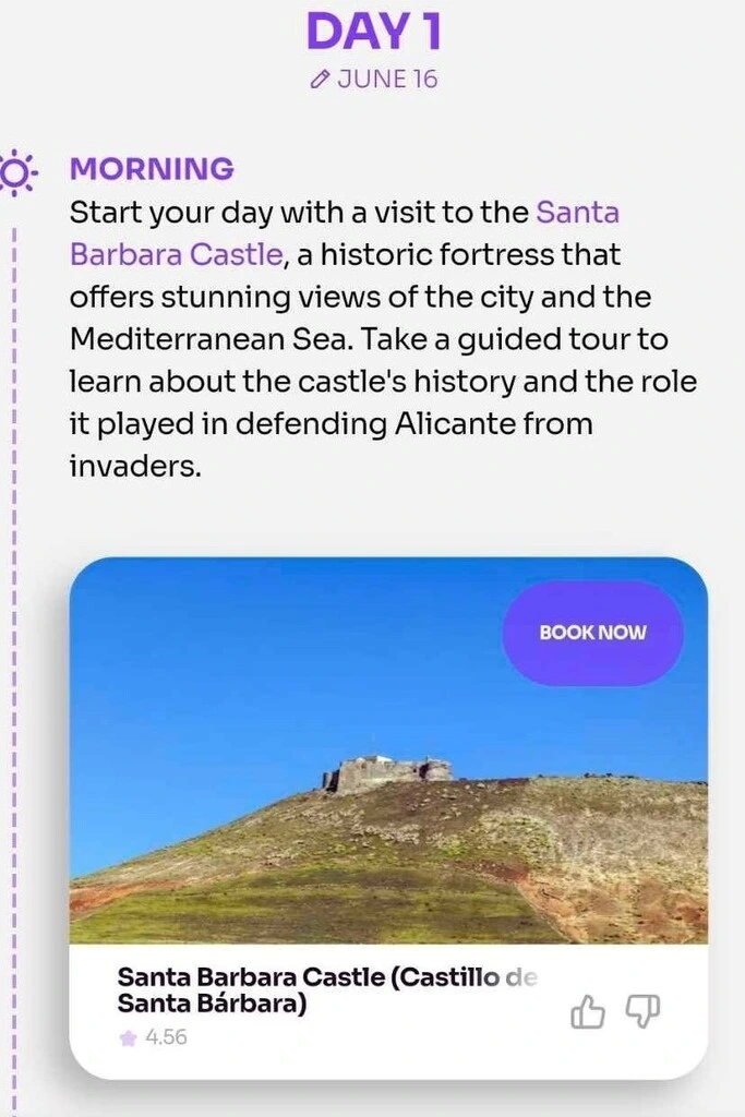 Day 1 morning itinerary for Alicante by RoamAround: suggested to visit Santa Bárbara Castle