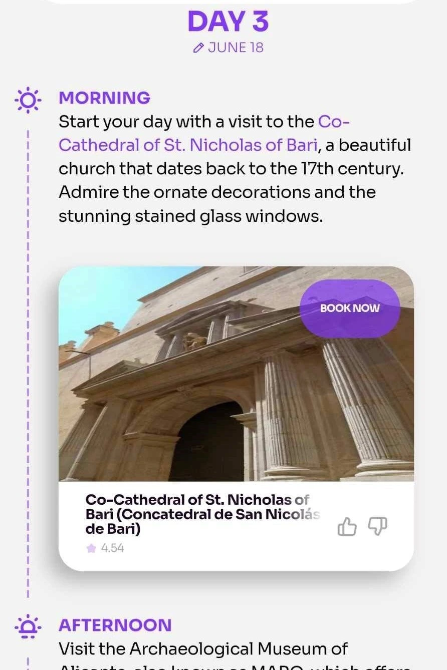 Roamaround itinerary for Day 3 morning in Alicante, suggesting a visit to the Cathedral of St. Nicholas of Bari