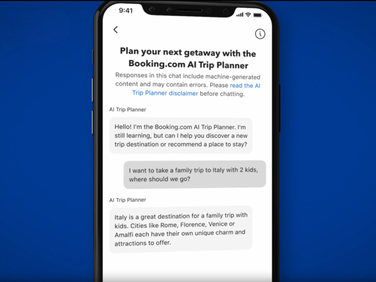 User's request and AI response displayed within the AI travel planner on Booking.com