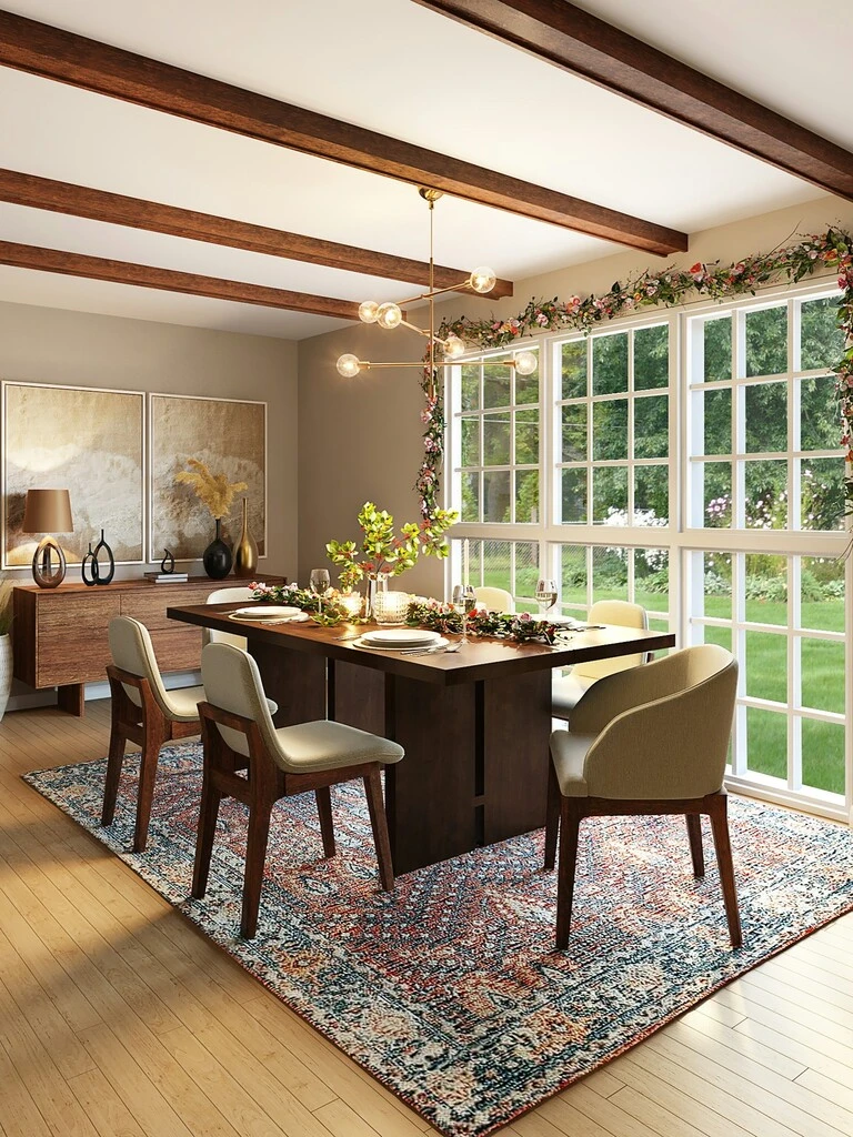 Dining room interior design featuring a brown wood theme with warm accents