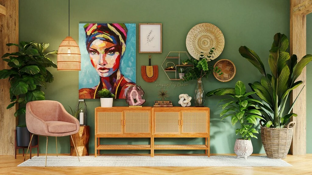 Living room interior design with a natural theme, featuring green and wood elements