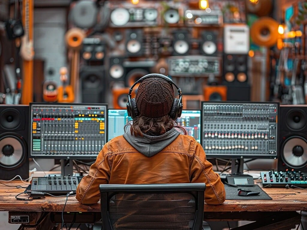 Music producer in a studio surrounded by various production equipment